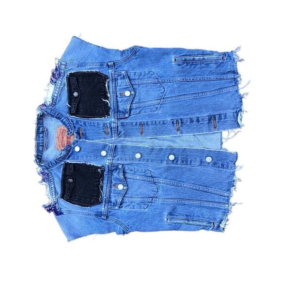 VINTAGE 2004 Levi's Patchwork Denim Jacket Vest Blue Small - Picture 14 of 16